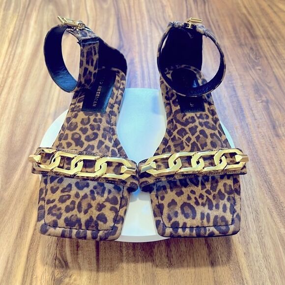 GOOD AMERICAN NWT Ankle Strap Chain Leopard Print slim square toe sandals 7.5 - Picture 1 of 5